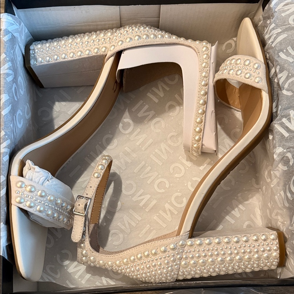 INC International Concepts White Pearl-Embellished Ankle-Strap Block Heel - Picture 2 of 9